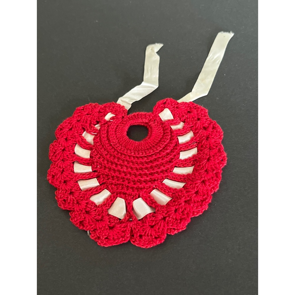 Vintage Red Crochet Doll Bib Miniature Scalloped Lace with White Ribbon Tie